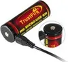 A rechargeable battery with a USB cable plugged into it, shown in a close-up view with an inset showing a detailed view of the connection. Produktbild-Vorschau