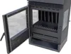 A close-up, studio shot of a black wood-burning stove with its door open, revealing the interior. Produktbild-Vorschau