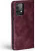 A close-up side view of a burgundy flip phone case for a Samsung Galaxy A52 series phone. Produktbild-Vorschau