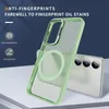 A close-up of a transparent phone case with a green frame and a magnetic ring, placed diagonally over a silver smartphone. Produktbild-Vorschau