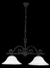 A black chandelier with two white glass shades hangs against a black background. Produktbild-Vorschau