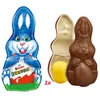 A blue Kinder Surprise Easter bunny chocolate, and a brown chocolate Easter bunny with its packaging and a yellow surprise egg inside. Produktbild-Vorschau