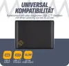 A black power bank is shown with text overlays describing its features and compatibility. Produktbild-Vorschau