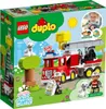The image shows the packaging of a LEGO DUPLO fire truck set, with illustrations of the toy and its features. Produktbild-Vorschau