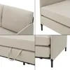 A collage of four close-up images of a beige sofa, showing different angles and details. Produktbild-Vorschau