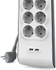 A close-up view of a white power strip with multiple outlets and two USB ports, along with its grey power plug and cable. Produktbild-Vorschau
