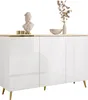 A white high-gloss sideboard with gold accents and wooden legs, decorated with a bust, a bowl, and a vase with dried flowers. Produktbild-Vorschau