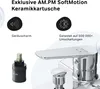 Close-up marketing image of a faucet cartridge and faucet handle, with descriptive text and icons. Produktbild-Vorschau