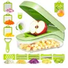 A collage of a vegetable chopper set with various attachments and chopped vegetables. Náhľad obrázku produktu