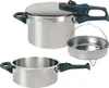 A collage of a pressure cooker set, showing the main pot, a steamer basket, and the pot without its lid. Produktbild-Vorschau