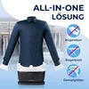 An advertisement for an all-in-one garment steamer, showcasing a dark blue shirt on a mannequin-like device. Produktbild-Vorschau