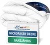 A folded white duvet or blanket is displayed against a white background, with a label attached to it. Produktbild-Vorschau