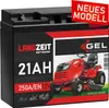 A product image for a lawn tractor battery, featuring a red lawn tractor and product specifications. Produktbild-Vorschau