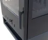Close-up view of a black metal stove door handle and part of the glass window. Produktbild-Vorschau