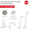 A marketing image showcasing a Hailo universal ladder in various configurations, along with feature callouts. Anteprima dell’immagine prodotto