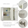 A white bathroom mirror cabinet with its doors open, showing shelves and product details highlighted with callouts. Produktbild-Vorschau