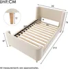 A diagram showing the dimensions of a beige upholstered bed frame. Produktbild-Vorschau
