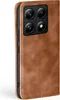 A close-up side view of a brown leather flip case for a smartphone, showing the camera module. Produktbild-Vorschau