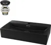 A black ceramic sink and a drain assembly are shown against a white background. Podgląd zdjęcia produktu