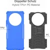 Two phone cases are displayed side-by-side against a white background. The left case is blue and shows the TPU material. The right case is black and shows the PC material and a kickstand feature. Produktbild-Vorschau