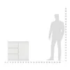A white cabinet with three drawers and a door is shown next to a silhouette of a person, with a ruler indicating scale. Produktbild-Vorschau