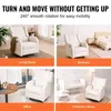 Collage of four images showing a cream-colored recliner chair in different room settings: living room, bedroom, office, and children's room. Text overlays describe features and room suitability. Podgląd zdjęcia produktu