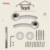 A product shot of a door handle set with accompanying hardware, presented on a light beige background with subtle graphic elements. Produktbild-Vorschau