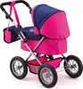 A toy doll stroller with a pink and blue canopy and a matching bag. Produktbild-Vorschau