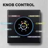 A black digital thermostat with a circular display showing temperature and various icons, surrounded by labels indicating its functions. Produktbild-Vorschau