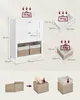 Dimensions and assembly instructions for a white storage unit with drawers and baskets. Náhled obrázku produktu