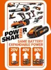 A collage of various WORX PowerShare tools and batteries, with text highlighting the 'Same Battery Expandable Power' feature. Produktbild-Vorschau