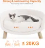 A cat is resting on a white pet sofa with wooden legs. Text highlights the product's load-bearing capacity. Náhled obrázku produktu