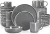 A set of gray ceramic dishes, including plates, bowls, and mugs, neatly stacked and arranged on a white background. Náhled obrázku produktu