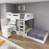 A white bunk bed with a desk and storage integrated into its structure, set in a child's bedroom. Podgląd zdjęcia produktu