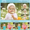 A collage of images showcasing a baby and children, with text overlays highlighting camera features. Produktbild-Vorschau
