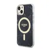 A black marble patterned iPhone case with a gold Guess logo and MagSafe ring. Podgląd zdjęcia produktu