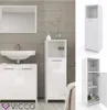 A collage of images showing a white high-gloss bathroom cabinet, including a full view, a close-up of an open cabinet, and a view of the cabinet in a bathroom setting with a sink and mirror. Náhled obrázku produktu