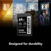 A collage of images showing different environments and a Lexar Professional Silver Plus 64GB SDXC card, with text overlay. Voir les images du produit