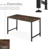 A desk with a brown wood-effect top and black metal legs, presented with descriptive text and a close-up of the wood grain. Náhled obrázku produktu