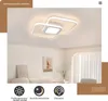 A modern LED ceiling light fixture in a living room setting, with icons and text describing its features. Produktbild-Vorschau