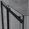 Close-up of a black framed glass shower door with a sliding mechanism. Produktbild-Vorschau