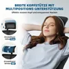 A woman relaxing in an office chair with callouts highlighting the headrest features. Produktbild-Vorschau