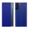 Two views of a blue smartphone case with a transparent window on the front cover. Produktbild-Vorschau