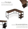 A collage of images showcasing a corner desk with shelves, highlighting its design and construction. Produktbild-Vorschau