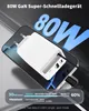 A white GaN charger is plugged into a smartphone, with text overlays highlighting its features and performance. Produktbild-Vorschau