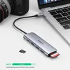 A UGREEN USB-C hub is connected to a laptop, with a camera and SD card visible. Produktbild-Vorschau