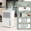 A white dehumidifier is shown in a room setting, with a graphic overlay detailing its features. Podgląd zdjęcia produktu
