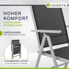 A close-up of a grey aluminum garden chair with black mesh fabric, highlighting its features. Produktbild-Vorschau