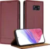 A dark red leather flip case for a Samsung Galaxy S7 phone is shown open, with the phone inside displaying a colorful abstract image. The case is displayed from the front and side. Produktbild-Vorschau