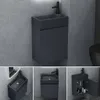 A collage of images showing a dark gray bathroom vanity with a sink and faucet, and an open cabinet revealing toiletries. Produktbild-Vorschau